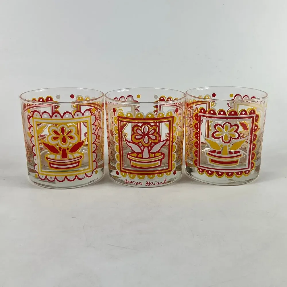 Georges Briard Mid-Century Lowball Glasses Set of 6 Red Yellow Flower Retro
